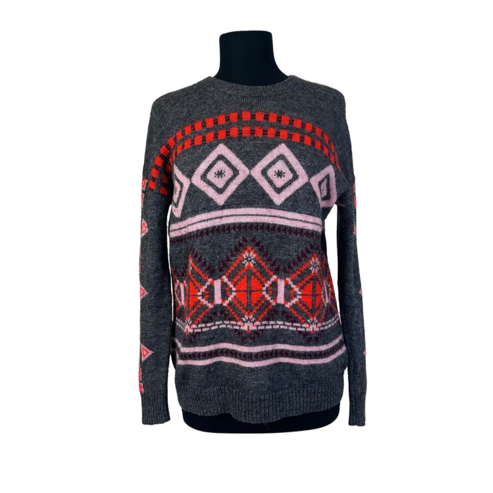 J.Crew Fair Isle Sweater Medium Wool Mohair Gray Pink Nordic Pullover - Picture 2 of 7